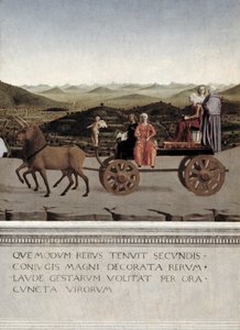 Triumf av Battista Sforza, hertuginne av Urbino. Battista og hennes tjenerinne, to teologiske dyder og en nonne blir trukket i en triumfbil av to brune enhjørninger, etter 1472 (tempera på panel) (detalj av Piero della Francesca