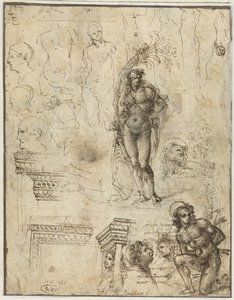Studieark med hoder, figurer og arkitektoniske fragmenter Studieark med hoder, figurer og arkitektoniske fragmenter av Piero di Cosimo (attributed to)