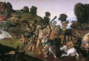 Kampen mellom lapithene og kentaurene, (detalj av kentaurene som angriper lapitene) ca. 1490-tallet, (olje på tre)