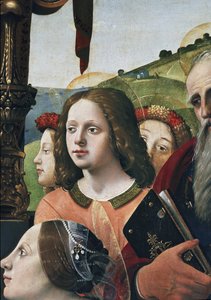Jomfru og barn på tronen omgitt av helgener, detaljer (olje og tempera på panel, ca. 1493) av Piero di Cosimo