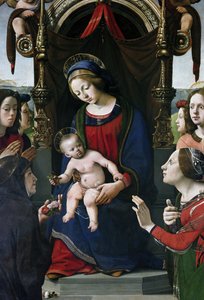 Jomfru og barn på tronen omgitt av helgener, detaljer (olje og tempera på panel, ca. 1493) av Piero di Cosimo