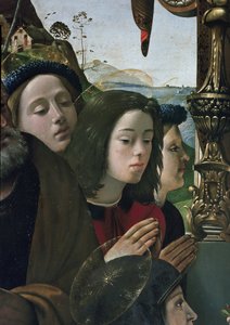 Jomfru og barn på tronen omgitt av helgener, detaljer (olje og tempera på panel, ca. 1493) av Piero di Cosimo