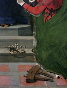 Jomfru og barn på tronen omgitt av helgener, detaljer (olje og tempera på panel, ca. 1493) av Piero di Cosimo