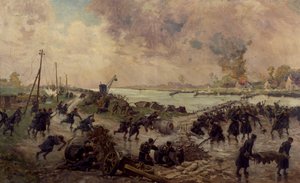 Belgiske tropper i kamp på Yser, oktober 1914, første verdenskrig, Belgia, 1900-tallet av Pierre Ernest and Neymark Gustave Ballue