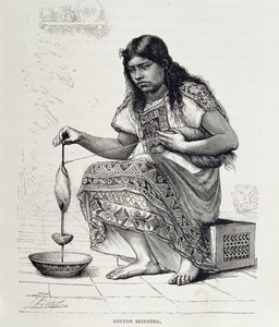 Bomullsspinning, fra «De gamle byene i den nye verden», av Claude-Joseph-Désire Charnay, utgitt 1887 (gravering) av Pierre (after) Fritel