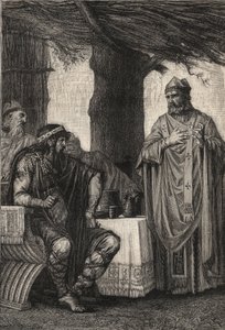 Den hellige Gregor av Tours (538–594) (Gregor av Tours) mot Chilperik I (539–584), frankkonge av det merovingiske dynastiet – gravering av Pierre Fritel (1853–1942) av Pierre (after) Fritel