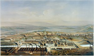 Utsikt over verkstedene Creusot og Chateau de la Verrerie, litografi etter akvarell av Pierre Tremaux (1818-1895) av Pierre (after) Tremaux