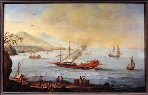 En galerie i havnen i Marseille Maleri av Ecole de Pierre Puget (1620-1694) av Pierre (school of) Puget