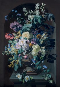 Vase med blomster med mimoser og vase med blomster med drueklase (Peer) av Pierre Adrien Chabal Dussurgey
