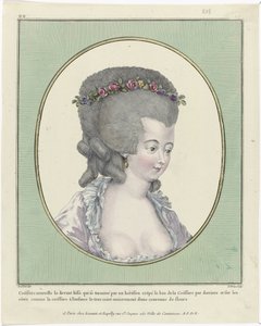 Frisyrer, puffer, hatter og panser: Elleve frisyrer og hodeplagg Gallery of French Fashions and Costumes, 1781, oo 218: New Coëffure foran (...)