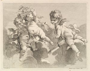 Tre kjærligheter, den ene holder et kogger, den andre, druer, 1727-60. av Pierre Alexandre Aveline