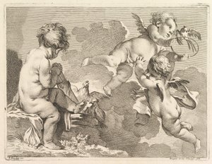 Tre kjærligheter, hvorav den ene sitter og holder et kogger, 1727-60. av Pierre Alexandre Aveline