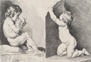 To nakne barn som spiser druer, fra New Book of Children, 1720-60.