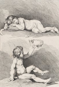 To nakne barn, det ene sover og det andre holder en krans, fra New Book of Childr..., 1720-60.
