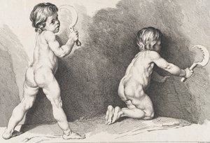 To nakne barn stående, fra New Book of Children, 1720-60.
