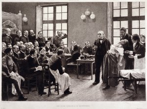 En klinisk forelesning av Dr. Charcot ved Salpetriere i 1887. Studenter fra avdelingen til professor Jean Martin Charcot som forklarer saken om Blanche Wittman, hans pasient og marsvin foretrekker hennes forskning på hysteri. Han var assistent for Jo av Pierre Andre (after) Brouillet