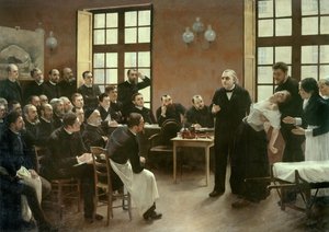 En klinisk forelesning av Dr. Charcot ved Salpetriere i 1887. Studenter ved avdelingen til professor Jean Martin Charcot (1825-1893) som forklarer saken om Blanche Wittman, hans pasient og marsvin foretrekker hennes forskning på hysteri. Han var en assiste