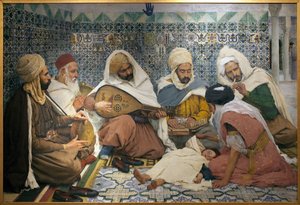 Eksorsisme: Arabiske musikere som jager jinn fra kroppen til et barn. Maleri av Andre Brouillet (1857-1914), Olje på lerret