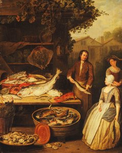 En fiskehandler som viser en gjedde til en hushjelp, 1727