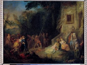 mai plante en tradisjonell fest som besto av å plante et tre i mai. Maleri tilskrevet Pierre-Antoine Quillard (ca. 1701-1733) 1700-tallet. Sol 0,37x0,45 m av Pierre Antoine (attr. to) Quillard