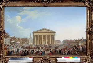 Seremoni for nedlegging av den første steinen til den nye Saint Genevieve-kirken 6.09.1764 nær Pantheon-maleriet av Pierre Demachy (1723-1807) 1765. Dim. 81 x 1,29 m Paris, musee Carnavalet - Seremoni for nedlegging av den første steinen til den nye St Gen av Pierre Antoine Demachy