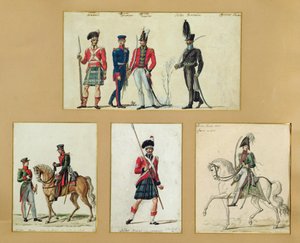 Uniformene til skotske soldater og prøyssiske, engelske, hannoveranske og russiske offiserer i 1814