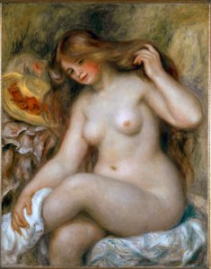 Blond badegjester. Naken kvinne med veldig langt hår. Maleri av Pierre Auguste Renoir (Pierre-Auguste