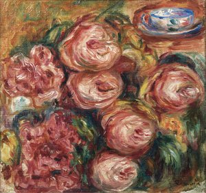 Komposisjon med roser og en kopp te av Pierre Auguste Renoir