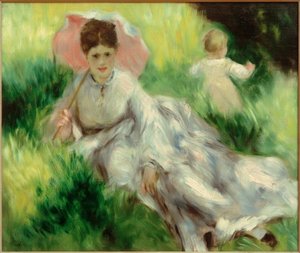 Kvinne med parasoll og barn i en solrik skråning av Pierre Auguste Renoir
