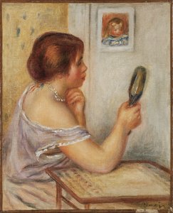 Gabrielle holder et speil eller Marie Dupuis holder et speil med et portrett av Coco, tidlig på 1900-tallet av Pierre Auguste Renoir