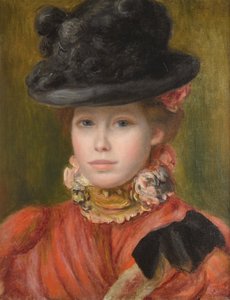 Jente i svart hatt med røde blomster, ca. 1890 av Pierre Auguste Renoir