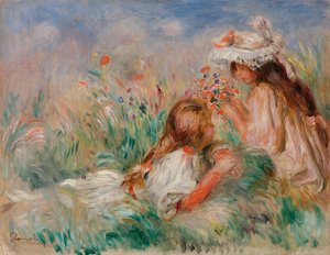 Jenter i gresset arrangerer en bukett av Pierre Auguste Renoir