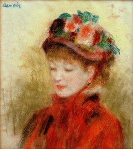Ung kvinne i hatt med blomster av Pierre Auguste Renoir