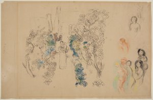 Landskap og figurer (blyant, blekk, wc og fargestift på papir) av Pierre Auguste Renoir