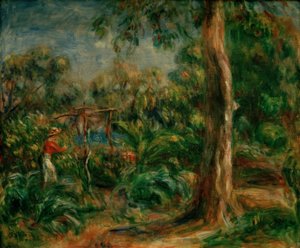 Det store treet. Kvinne med rød bodice i hagen til Ca av Pierre Auguste Renoir