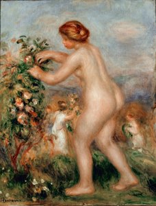 Ode til blomster. Naken kvinne som ceuilating roser har et rosetre. Maleri av Pierre Auguste Renoir (Pierre-Auguste
