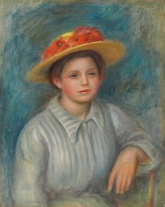 Portrett av en kvinne med en hatt med blomster; Portrett av en kvinne i en blomstret hatt, ca. 1890 av Pierre Auguste Renoir