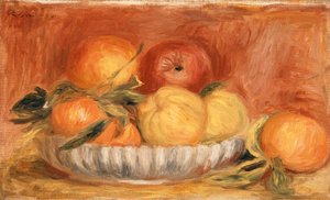 Stilleben med epler og appelsiner; Natur Morte aux pommes et appelsiner, sent på 1890-tallet av Pierre Auguste Renoir