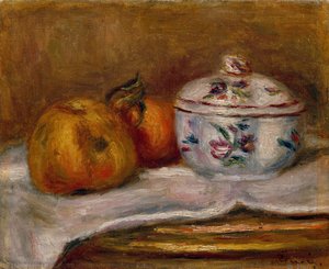Sukkerbolle, eple og appelsin (olje på lerret) av Pierre Auguste Renoir