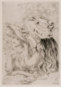 To unge jenter fester blomster på hattene sine, c1897. av Pierre Auguste Renoir