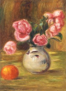 Vase med roser og en appelsin, 1910 av Pierre Auguste Renoir