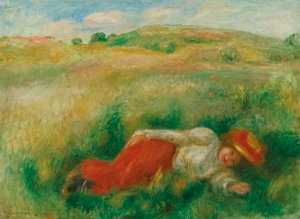 Kvinne som litt i gresset av Pierre Auguste Renoir