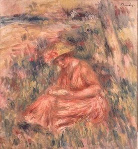Kvinne sitter på gresset av Pierre Auguste Renoir