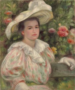Junges Mädchen unter Blumen oder Frau mit weißem Hut von Pierre Auguste Renoir