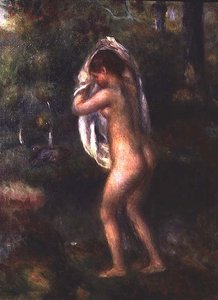 Ung jente kle av seg (olje på lerret) av Pierre Auguste Renoir