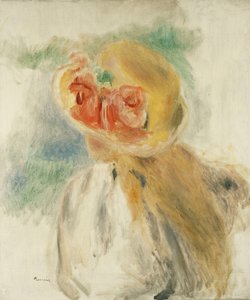 Ung jente med blomster i hatten hennes; Ung jente i en blomstret hatt, ca. 1900-1905 av Pierre Auguste Renoir