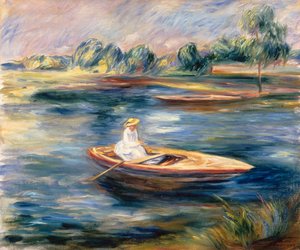 Ung kvinne sitter i en robåt (olje på lerret) av Pierre Auguste Renoir