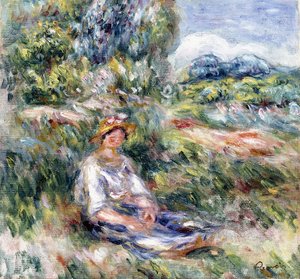 Ung kvinne sitter på en eng, av Pierre Auguste Renoir