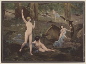 Jegerinnene (farge litho) av Pierre Bellet