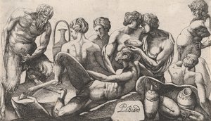 Åtte satyrer og satyrinner som fullfører et måltid, 1607-61. av Pierre Biard